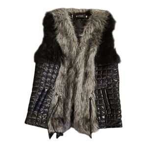 WENXI Black Faux Leather Vest Quilted Gray Faux Fur Cropped Women's Size L 80s
